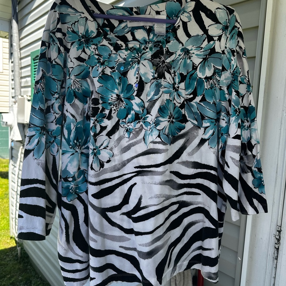 Alfred Dunner Teal, Black & White Floral Zebra Print Tunic